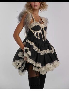 Selkie Black Mini Dress with Cream Lace Trim